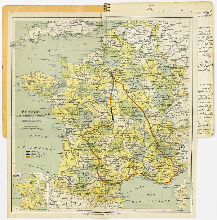 Map of France with the marked route that Bobkowski traveled in 1940
