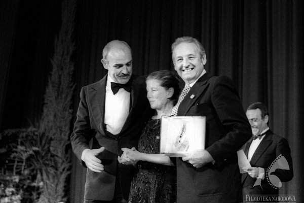 Andrzej Wajda is awarded the Golden Palm in Cannes for Man of Iron. Pictured: Sean Connery, Krystyna Zachwatowicz and Andrzej Wajda